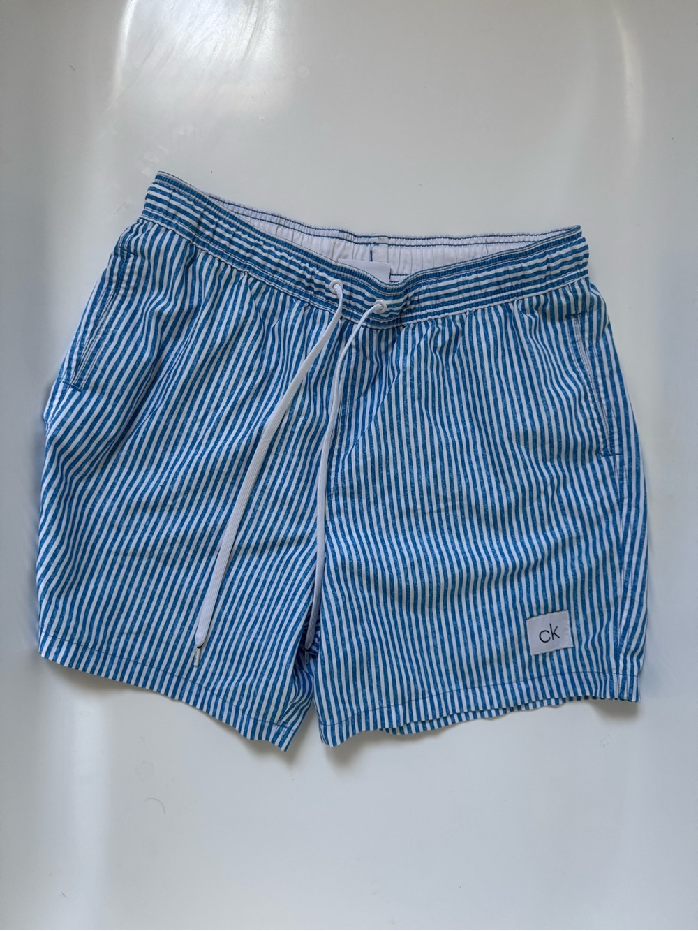 Calvin Klein Blue and White Seersucker Stripe Swim Trunks